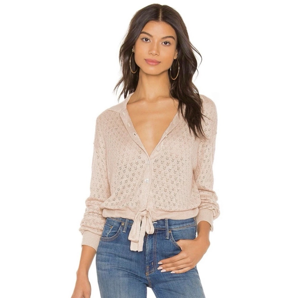Free People Betty Tie Front Pointelle Knit Cardigan Womens S Sweater Linen Blend